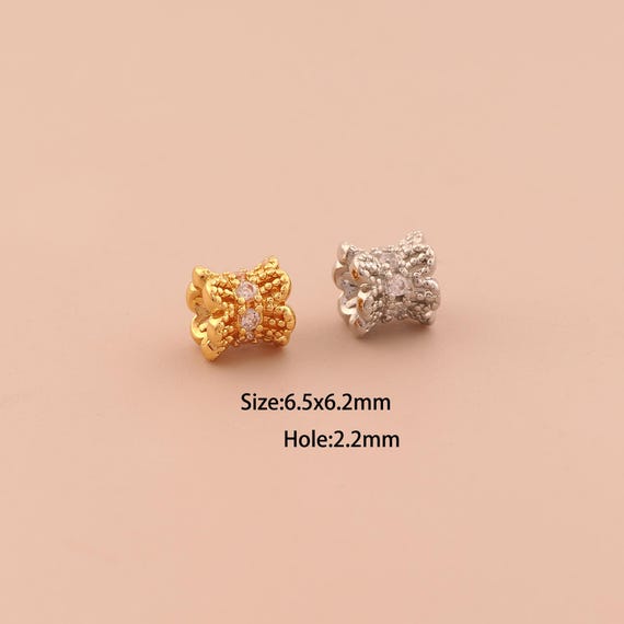 18K Gold Flower Spacer Bead,CZ Pave Tube Bead,Flower Bead for DIY Jewelry Making Supply