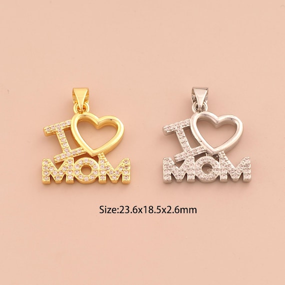 18K Gold I Love MOM Charms,CZ Pave Heart Charms Pendants,Letter Charm for DIY Jewelry Making Supply