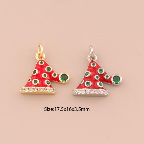18K Gold Christmas Hat Charms,CZ Pave Christmas Hat Charms Pendants,Enamel Christmas Hat Charm for DIY Jewelry Making Supply
