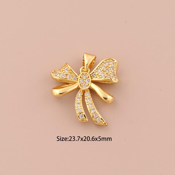 18K Gold Bow Charms,CZ Pave Bow Charms Pendants,Bow Charm for DIY Jewelry Making Supply