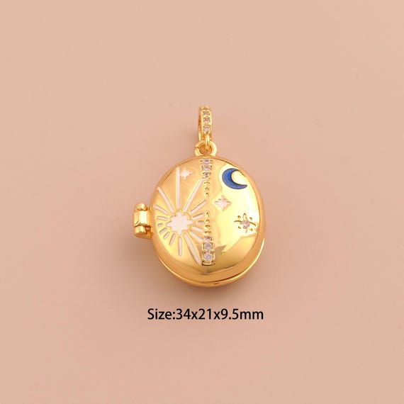 18K Gold Sun Moon Star Charms,CZ Pave Photo Frame Charms Pendants,Enamel Celestial Charm for DIY Jewelry Making Supply