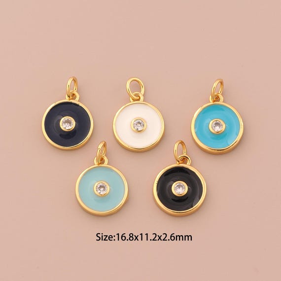 18K Gold Round Charms,CZ Pave Round Charms Pendants,Enamel Round Charm for DIY Jewelry Making Supply