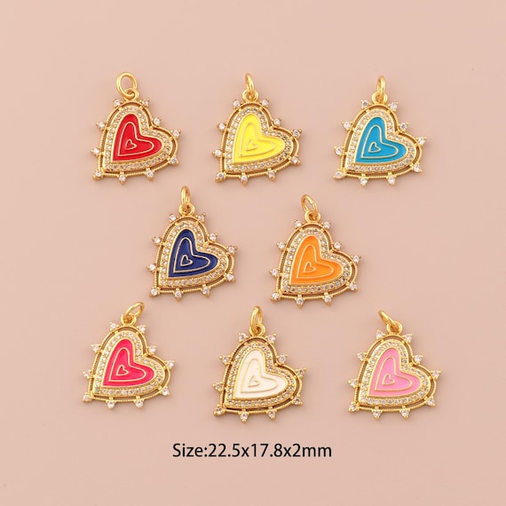 18K Gold Heart Charms,Enamel Minimalist Charms Pendants,CZ Pave Heart Charm for DIY Jewelry Making Supply