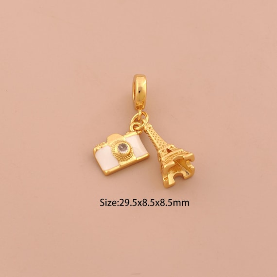 18K Gold Eiffel Tower Charms,Enamel Camera Charms Pendants,CZ Pave France Paris Charm for DIY Jewelry Making Supply