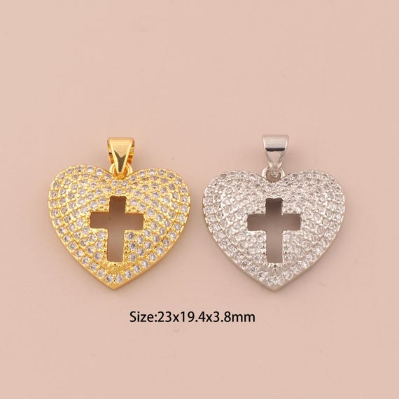 18K Gold Heart Charms,CZ Pave Cross Charms Pendants,Heart Charm for DIY Jewelry Making Supply