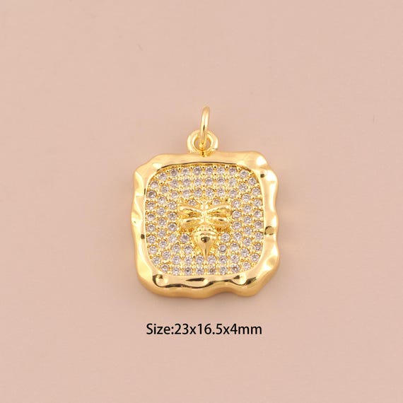 18K Gold Bee Charms,CZ Pave Insect Charms Pendants,Square Charm for DIY Jewelry Making Supply