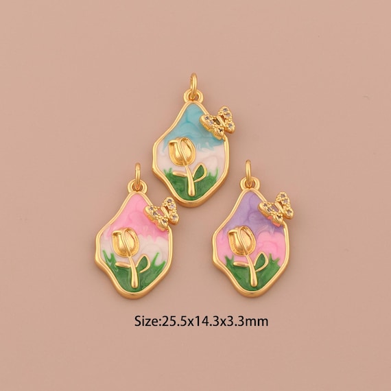 18K Gold Rose Charms,CZ Pave Flower Charms Pendants,Enamel Butterfly Charm for DIY Jewelry Making Supply