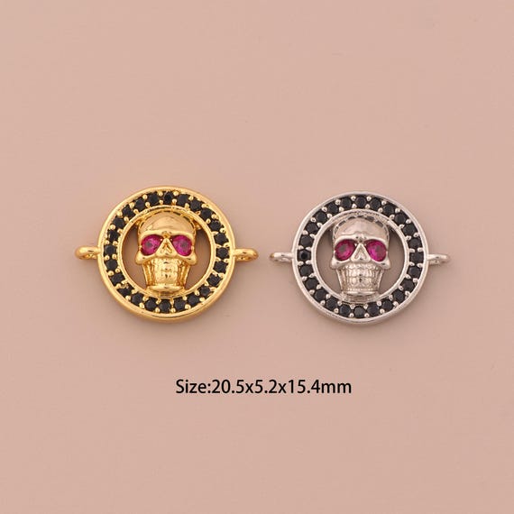 18K Gold Skull Connector,CZ Pave Round Connector Charms,Skull Connector for DIY Jewelry Making Supply