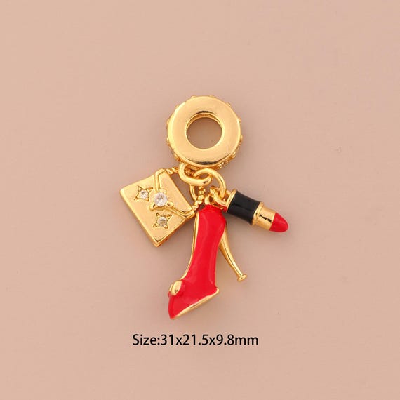 18K Gold High heels Charms,CZ Pave Star Charms Pendants,Enamel Lipstick Charm for DIY Jewelry Making Supply
