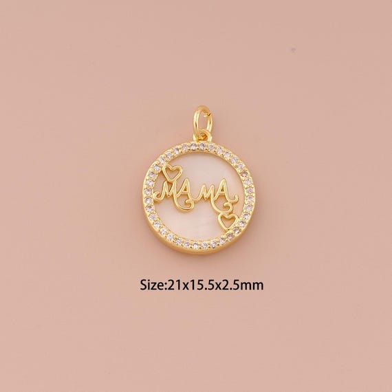 18K Gold MAMA Charms,CZ Pave Letter Charms Pendants,Fritillary Heart Charm for DIY Jewelry Making Supply
