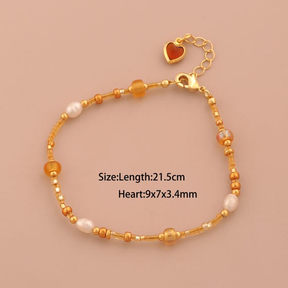 1 Str 18K Gold Natural Stone Bracelet,Heart Chain Bracelet,Gift for Her