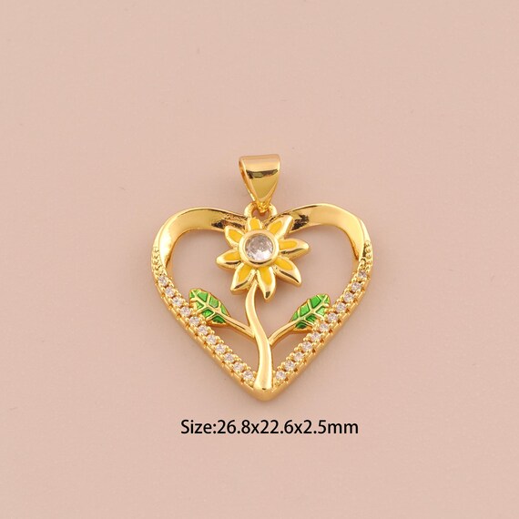 18K Gold Heart Charms,CZ Pave Minimalist Charms Pendants,Flower Charm for DIY Jewelry Making Supply