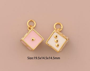 18K Gold Dice Charms,Enamel Square Charms Pendants,Dice Charm for DIY Jewelry Making Supply