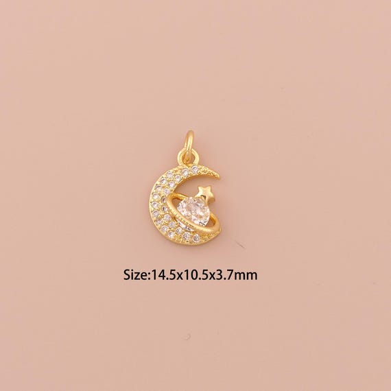 18K Gold Moon Charms,CZ Pave Minimalist Charms Pendants,Saturn Charm for DIY Jewelry Making Supply