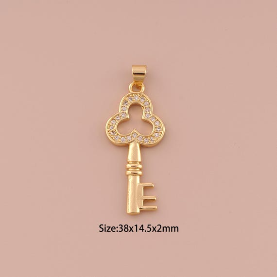 18K Gold Key Charms,CZ Pave Minimalist Charms Pendants,Key Charm for DIY Jewelry Making Supply