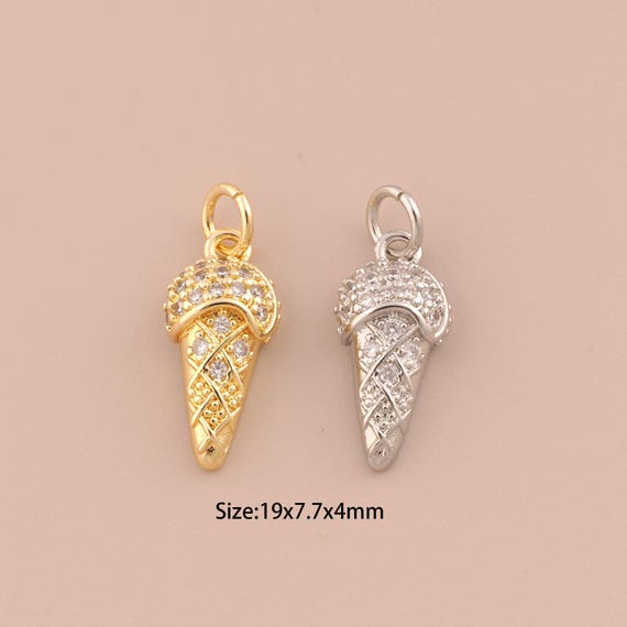 18K Gold Ice Cream Charms,CZ Pave Ice Cream Charms Pendants,Ice Cream Charm for DIY Jewelry Making Supply