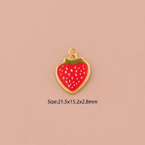 18K Gold Strawberry Charms,Enamel Fruit Charms Pendants,Strawberry Charm for DIY Jewelry Making Supply