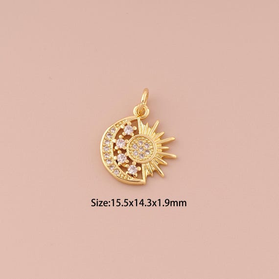 18K Gold Sun Charms,CZ Pave Minimalist Charms Pendants,Moon Charm for DIY Jewelry Making Supply
