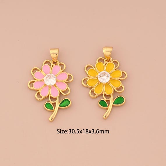18K Gold Flower Charms,CZ Pave Flower Charms Pendants,Enamel Flower Charm for DIY Jewelry Making Supply