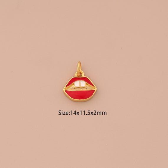 18K Gold Lips Charms,Enamel Tooth Charms Pendants,Lips Charm for DIY Jewelry Making Supply