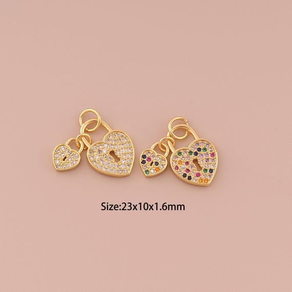 18K Gold Heart Charms,CZ Pave Minimalist Charms Pendants,Lock Charm for DIY Jewelry Making Supply