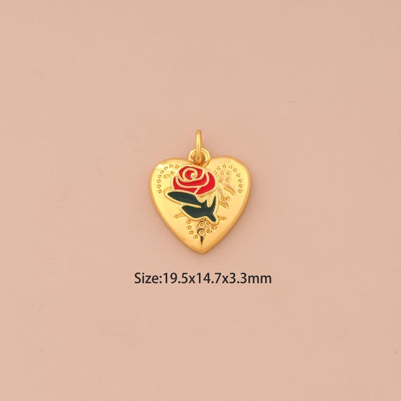 18K Gold Red Rose Charms,Flower Charms Pendants,Enamel Heart Charm for DIY Jewelry Making Supply