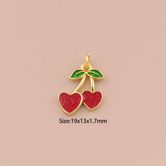 18K Gold Cherry Charms,Enamel Charms Pendants,Fruit Charm for DIY Jewelry Making Supply