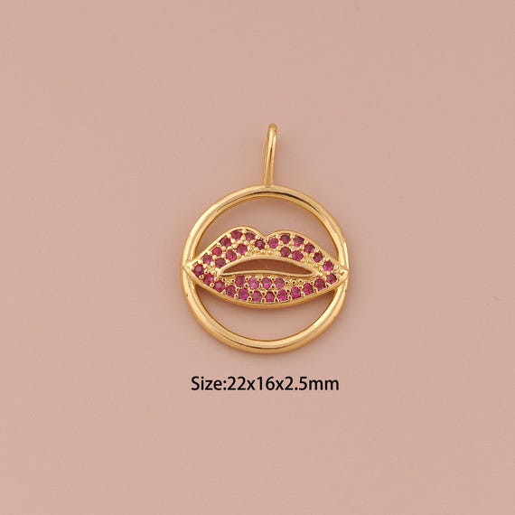 18K Gold Lips Charms,CZ Pave Minimalist Charms Pendants,Lips Charm for DIY Jewelry Making Supply