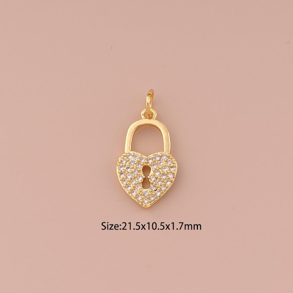 18K Gold Lock Charms,CZ Pave Minimalist Charms Pendants,Heart Charm for DIY Jewelry Making Supply