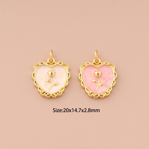 18K Gold Mirror Charms,Enamel Rose Charms Pendants,Heart Charm for DIY Jewelry Making Supply