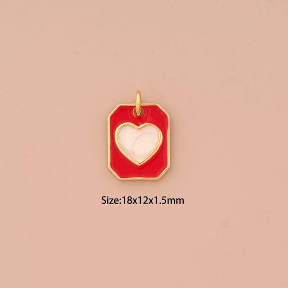18K Gold Heart Pendant,Enamel Love Charm,Square Charm, DIY Jewelry Supplies