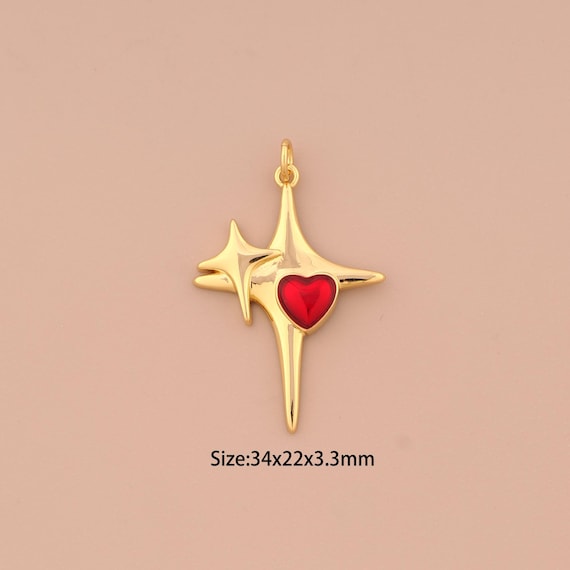 18K Gold Cross Star Pendant,Enamel Heart Charm,Cross Star Charm, DIY Jewelry Supplies