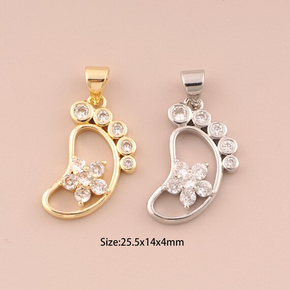 18K Gold Foot Charms,CZ Pave Flower Charms Pendants,Foot Charm for DIY Jewelry Making Supply