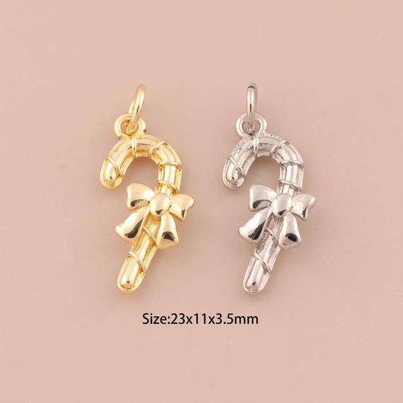18K Gold Bow Charms,CZ Pave Christmas Cane Charms Pendants,Christmas Cane Charm for DIY Jewelry Making Supply