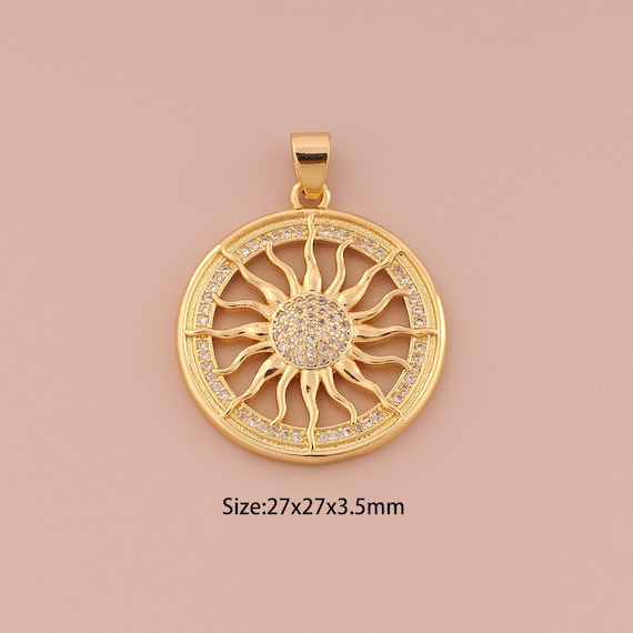 18K Gold Sun Charms,CZ Pave Minimalist Charms Pendants,Round Charm for DIY Jewelry Making Supply