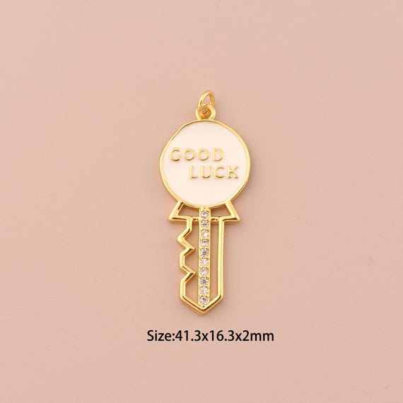 18K Gold GOOD LUCK Charms,Enamel Key Charms Pendants,Key Charm for DIY Jewelry Making Supply