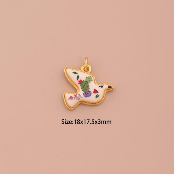 18K Gold Peace Dove Charms,Enamel Cactus Charms Pendants,Animal Charm for DIY Jewelry Making Supply