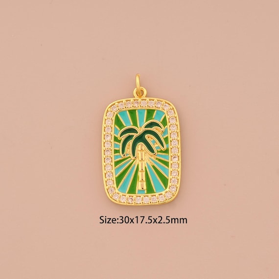 18K Gold CZ Coconut Tree Charms,Enamel Coconut Tree Charms Pendants,Coconut Tree Charm for DIY Jewelry Making Supply