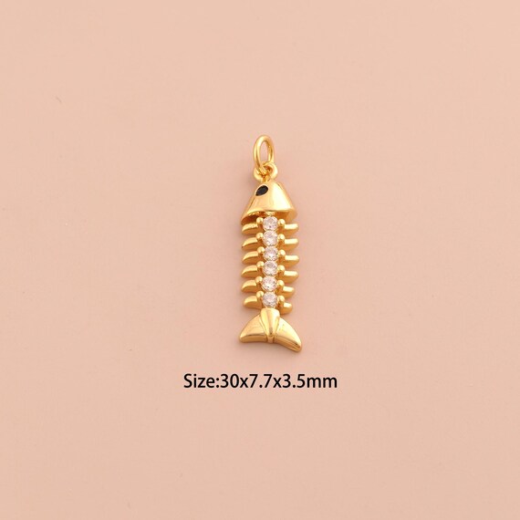 18K Gold Fishbone Charms,CZ Pave Fishbone Charms Pendants,Fishbone Charm for DIY Jewelry Making Supply