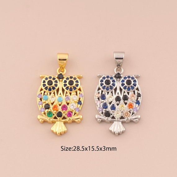 18K Gold Owl Charms,CZ Pave Owl Charms Pendants,Owl Charm for DIY Jewelry Making Supply