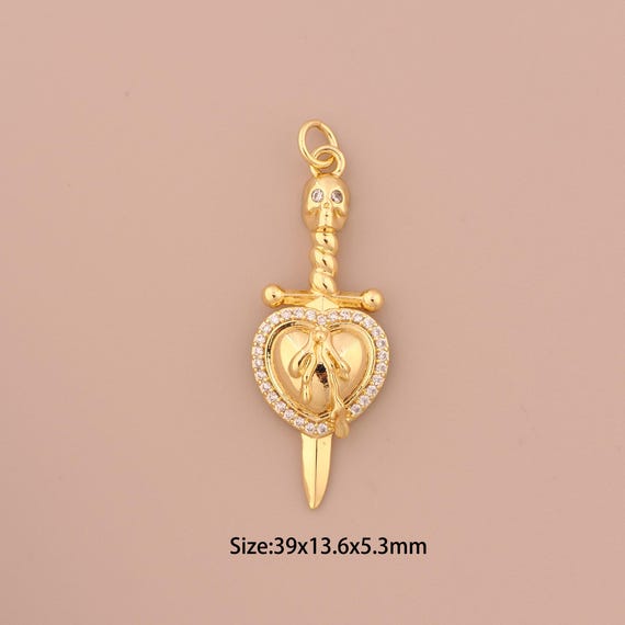 18K Gold Sword Charms,CZ Pave Skull Charms Pendants,Heart Charm for DIY Jewelry Making Supply