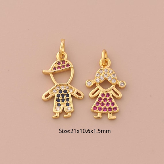 18K Gold Character Charms,CZ Pave Girl Charms Pendants,Boy Charm for DIY Jewelry Making Supply