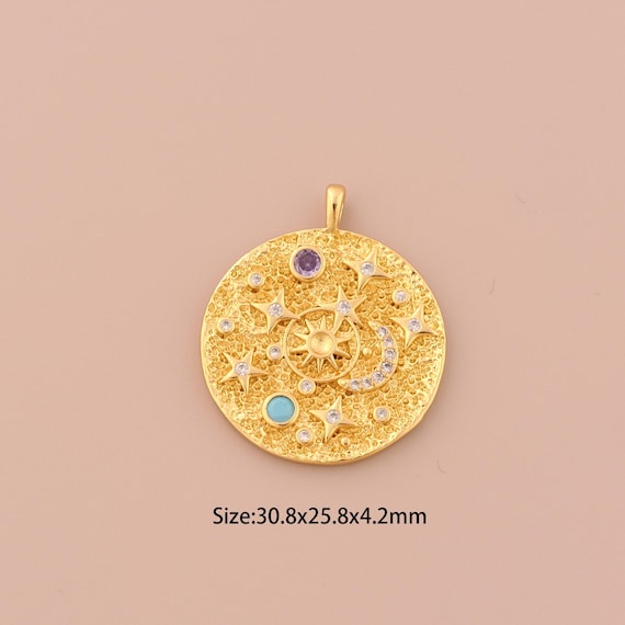18K Gold Moon Charms,CZ Pave Star  Charms Pendants,Round Charm for DIY Jewelry Making Supply