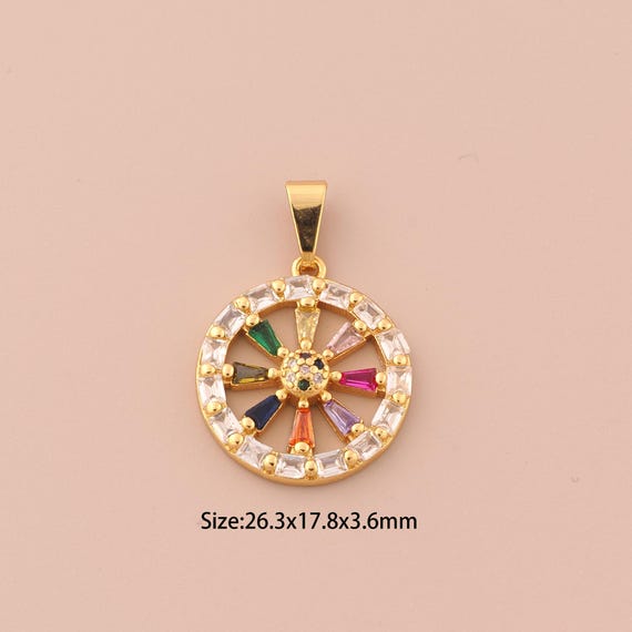 18K Gold Wheel Charms,CZ Pave Wheel Charms Pendants,Round Charm for DIY Jewelry Making Supply