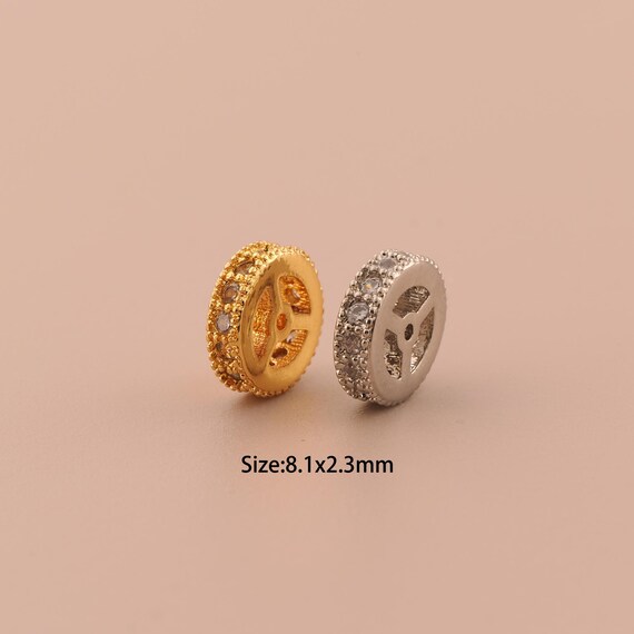 18K Gold Flat Spacer Bead,CZ Pave Minimalist Bead,Round Bead for DIY Jewelry Making Supply
