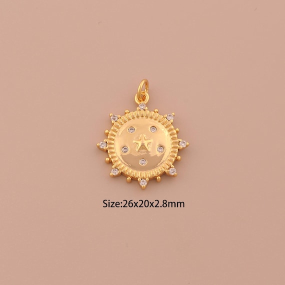 18K Gold Star Charms,CZ Pave Round Charms Pendants,Starburst Charm for DIY Jewelry Making Supply