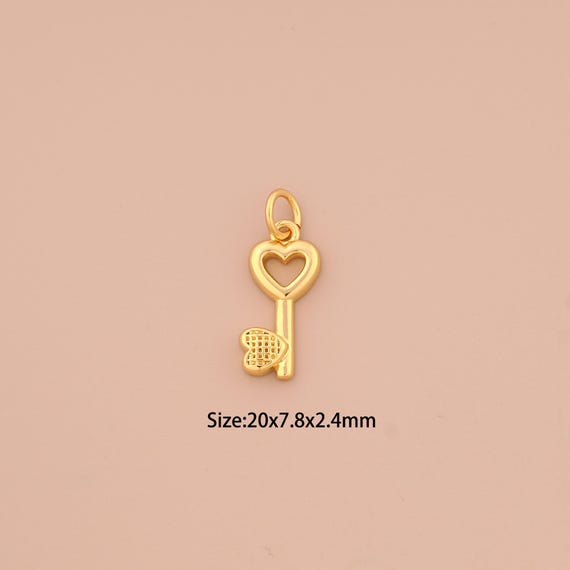 18K Gold Heart Charms,Key Charms Pendants,Heart Charm for DIY Jewelry Making Supply