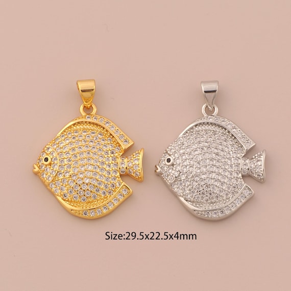 18K Gold Fish Charms,CZ Pave Marine Life Charms Pendants,Fish Charm for DIY Jewelry Making Supply