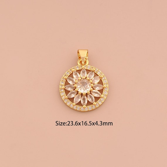 18K Gold Flower Charms,CZ Pave Round Charms Pendants,Flower Charm for DIY Jewelry Making Supply