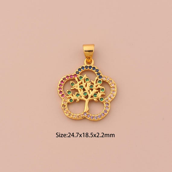 18K Gold Flower Charms,CZ Pave Plant Charms Pendants,Tree of Life Charm for DIY Jewelry Making Supply